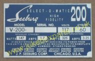 Seeburg V200 Aluminium Identification Plate (JP570)