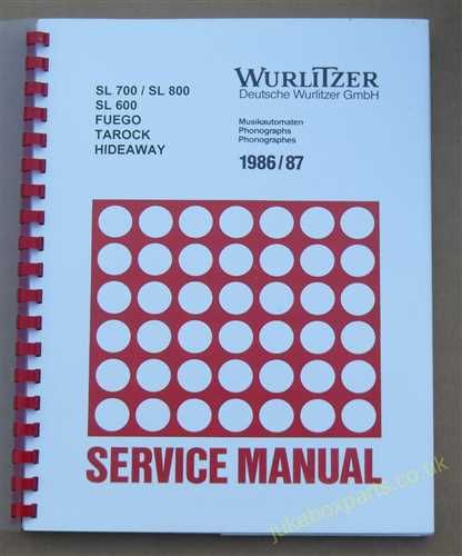 Wurlitzer 1986/1987 Manual Models SL700, SL800, SL600, Fuego, Tarock, Hideaway (USM82)